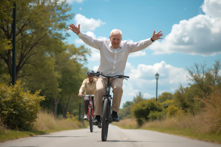 A cheerful older man with arms outstretched riding a bike on a scenic path, with another cyclist behind him.の素材