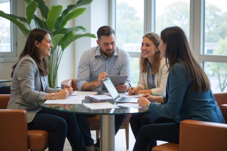 A group of professionals engaged in a collaborative discussion around a table with laptops and documents.の素材