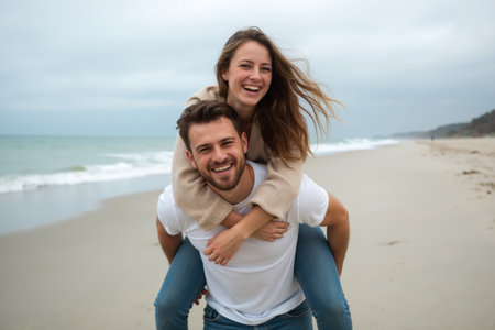 A joyful couple shares a playful moment on a sandy beach with the ocean waves in the background.の素材