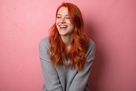 A joyful red-haired woman with wavy hair, wearing a gray sweater, laughing heartily against a pink background.の素材