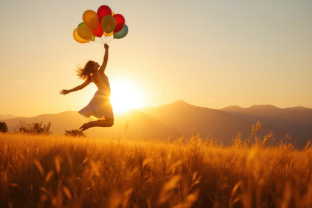 A person joyfully leaps in a golden field at sunset, holding colorful balloons.の素材