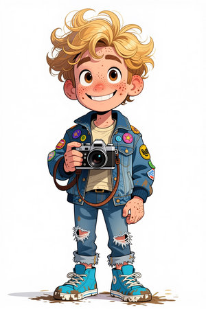 A young boy with blonde, messy hair and freckles on his face, wearing a blue denim jacket with colorful patches, ripped jeans, and blue sneakers, holding a camera in his right hand and smiling.の素材