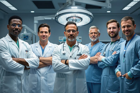Group of doctors and medical staff standing together in a hospital, wearing lab coats and scrubs, with a surgical light in the background.の素材