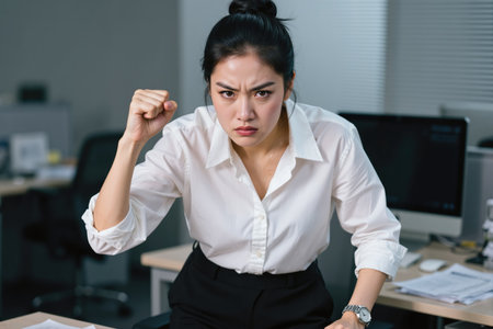 Young professional woman in white shirt, black skirt, standing at desk, showing anger, stress, and frustration, likely due to work-related issues.の素材