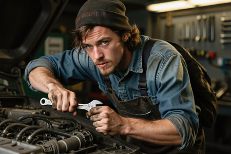 Man in denim shirt and apron fixing car engine with wrenches in a garage.の素材