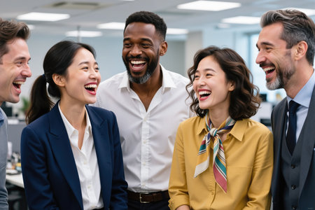 Group of business professionals laughing and smiling in a modern office setting.の素材