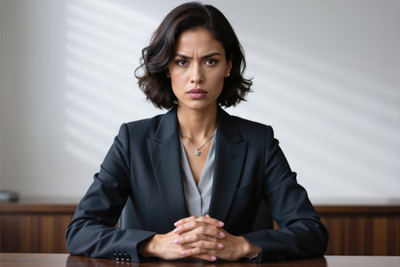 A woman in a dark blazer and light blouse sits at a wooden desk, hands clasped, with a stern expression, likely a professional or executive.の素材