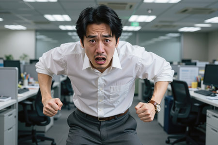 Man in white shirt and gray pants is shouting and leaning forward in an office setting with desks and computers, likely an office worker or executive expressing frustration.の素材