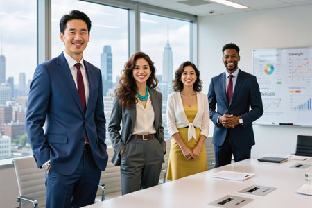 Four business professionals standing in a modern conference room with a city view.の素材