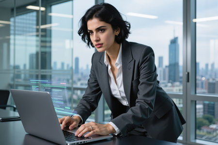 A professional woman in a suit works on a laptop in a sleek, modern office with a cityscape view, likely a developer or coder.の素材