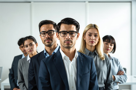 Seven individuals, likely colleagues or team members, stand together in a well-lit office, dressed in business attire, conveying a sense of unity and professionalism.の素材