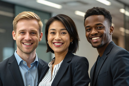 Three diverse professionals in business attire stand together, smiling, in a modern office setting.の素材