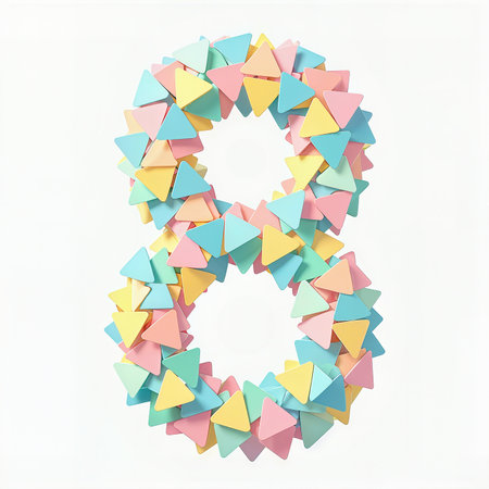 A vibrant birthday number eight made from colorful paper triangles on a white background.の素材