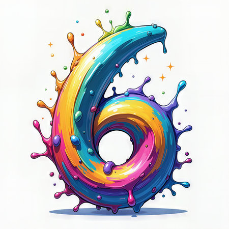 A vibrant, multicolored splash forming the number 6, celebrating a 6th birthday with a white background.の素材