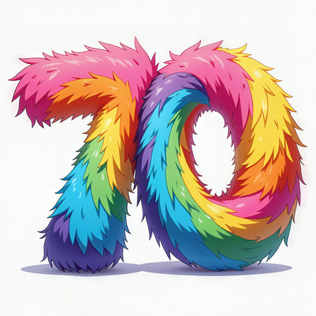 A vibrant, multicolored furry number 70 celebrating a 70th birthday, with a white background.の素材