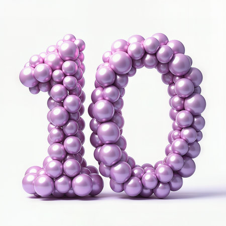A 10th birthday number made of purple balloons on a white background.の素材