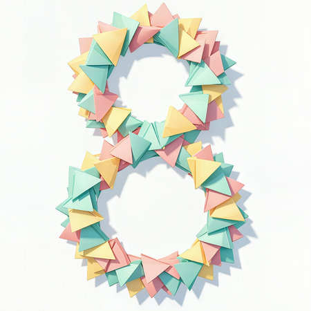 A festive origami number eight made from pastel-colored paper, celebrating a birthday with a white background.の素材