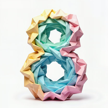A vibrant origami number eight, celebrating a birthday, set against a white background.の素材