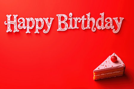 White Happy Birthday text with ornate font, cake slice with pink frosting and cherry on red background.の素材