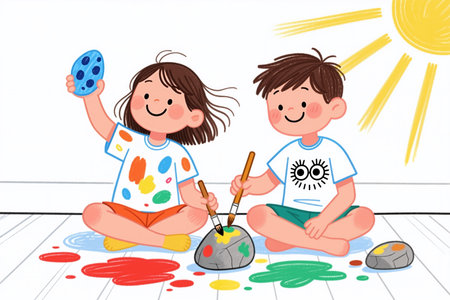 Cartoon illustration of two smiling children sitting on a white floor, surrounded by colorful paint splatters, creating art together with paintbrushes and palettes.の素材