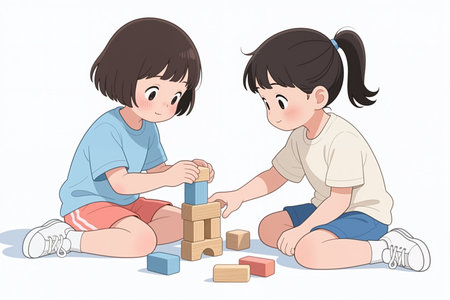 The illustration depicts two young girls sitting on the floor, engaged in building a block tower. They have dark hair and wear casual clothing.の素材