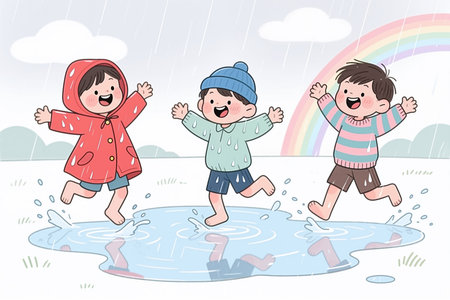 Cartoon illustration of three happy children jumping in a puddle, surrounded by rain and a rainbow in the background, with a playful and vibrant style.の素材