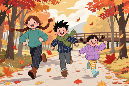Vibrant cartoon illustration of three children running on a path in an autumn park, surrounded by trees with orange and red leaves, a wooden bridge, and a mountain in the background.の素材
