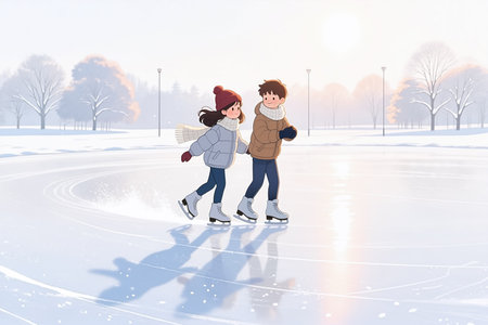 A cartoon couple ice skates hand in hand on a frozen rink, surrounded by snow-covered trees and streetlights, in a soft, dreamy, pastel color palette.の素材