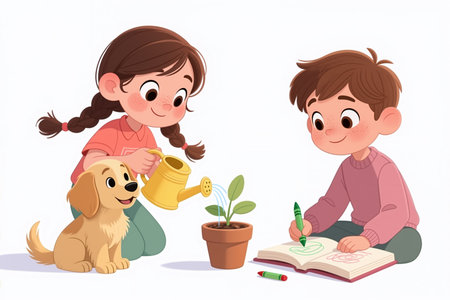 A cute cartoon illustration of two children and a dog, one watering a plant and the other drawing, on a white background in a child-friendly style.の素材