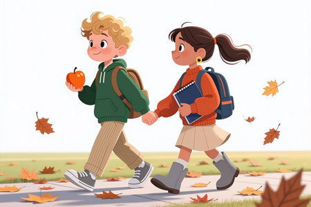 The illustration depicts two children, a boy and a girl, walking hand in hand on a sidewalk amidst falling autumn leaves, conveying a sense of friendship and joy in a vibrant, cartoonish style.の素材