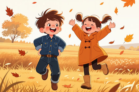 Cartoon illustration of a boy and girl running in a field with falling leaves, warm colors and soft lighting, autumn theme.の素材