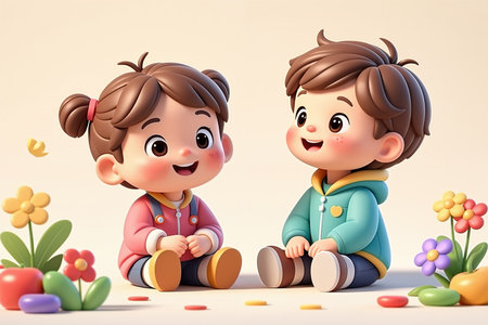 A 3d cartoon illustration of a boy and girl sitting on the floor, smiling at each other, surrounded by colorful flowers and toys, with a soft beige background.の素材