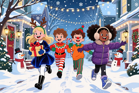 Vibrant cartoon illustration of four diverse children running down a snowy street, surrounded by houses with festive decorations, Christmas trees, and snowmen, capturing a joyful atmosphere.の素材