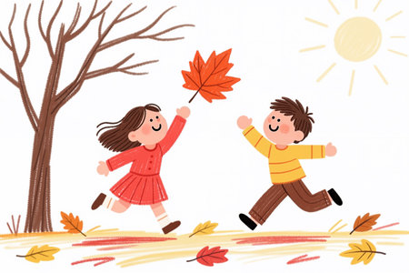 A whimsical cartoon illustration of two children running and playing in an autumn setting, with a bare tree, fallen leaves, and a sunny sky, rendered in a warm and vibrant color palette.の素材