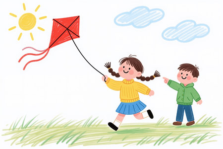 Whimsical illustration of two children, a boy and girl, playing together on a sunny day, flying a red kite in a green field.の素材