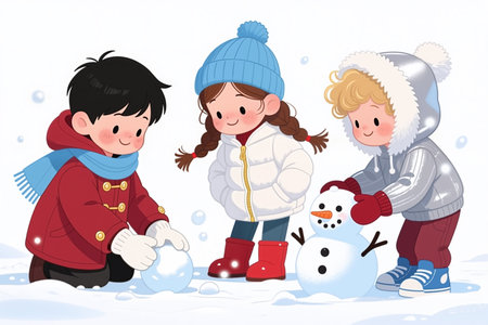 Three kids in winter clothes building a snowman with a carrot nose.の素材