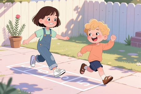 The illustration depicts two children playing hopscotch on a sidewalk in a backyard with a fence and potted plant in a sunny setting.の素材