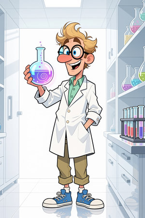 A cartoon scientist with blond hair and glasses holds a flask with swirling purple liquid, standing in a lab with various beakers and test tubes on shelves.の素材