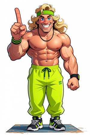 A cartoon man with blonde hair and blue eyes, wearing green sweatpants and a headband, stands on a blue mat, pointing upwards with his right hand.の素材
