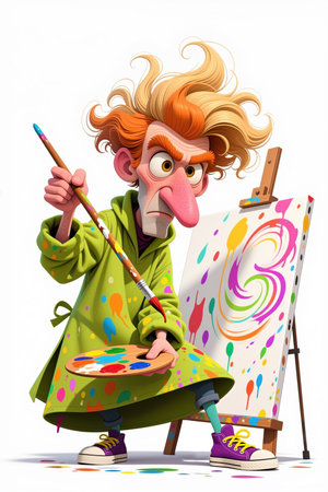 Cartoon character with orange hair, green coat, and purple shoes painting on an easel with colorful swirls and dots.の素材