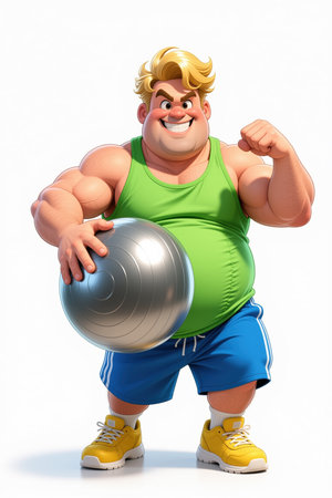 Muscular cartoon man in green tank top and blue shorts holding a large silver metal ball and flexing his arm against a white background.の素材