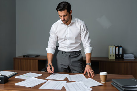 Man in a white shirt and gray pants standing at a desk, reviewing papers with a pen, in a professional office setting.の素材