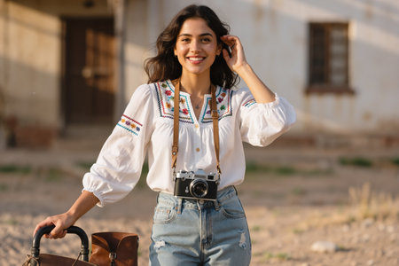 Young woman with camera around waist, standing in front of old building, wearing embroidered blouse and jeans.の素材