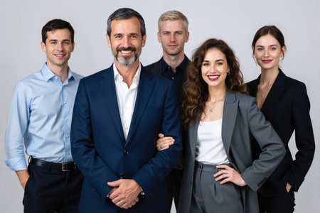 Five professionals, likely a team or company, standing together in a studio setting, dressed in formal business attire.の素材