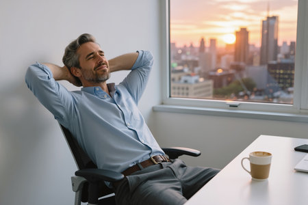 Man sitting in office chair, hands behind head, eyes closed, with a cityscape at sunset visible through the window, likely a professional taking a break.の素材