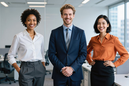 Three business professionals, a man and two women, stand together in a modern office, smiling and posing for the camera, likely colleagues or team members.の素材