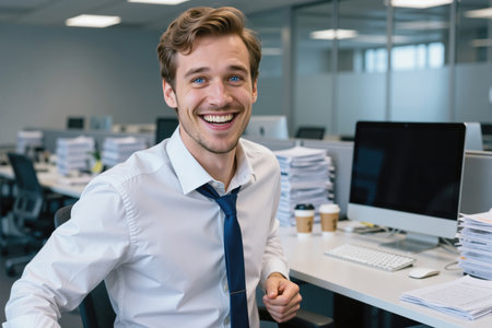Young man in white shirt and blue tie standing in modern office space with computer and papers on desk.の素材