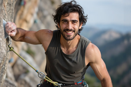 Man with dark hair and beard, wearing tank top, climbing rock face with safety gear, smiling at camera, mountains in background.の素材