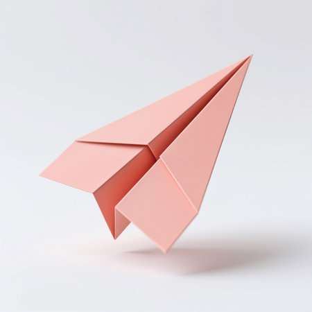 A pink paper airplane on a white background, crafted in origami style, symbolizes freedom, travel, and creativity, with clean lines, simple shape, and soft color, conveying elegance and minimalism.の素材