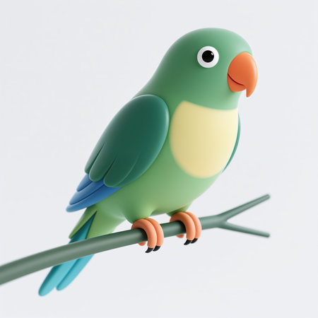A cartoon-style green parrot with orange beak and feet perches on a branch, symbolizing freedom and playfulness, against a clean white background.の素材